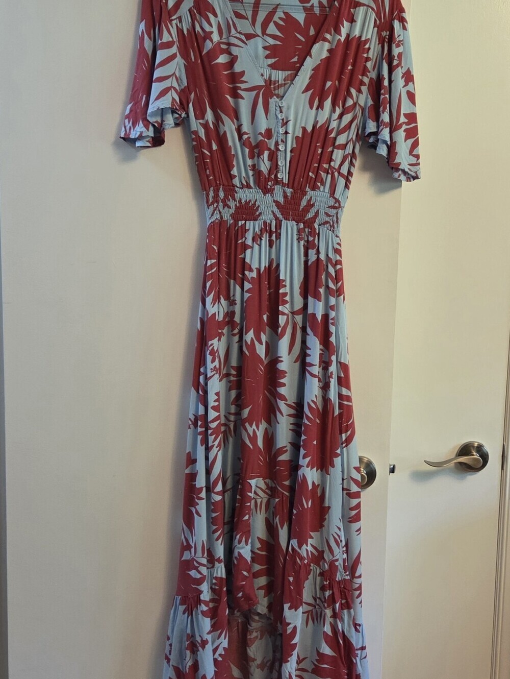 ABEL THE LABEL Anthropologie Tropical Floral High Low Maxi Dress Blue Red X S - Picture 2 of 7